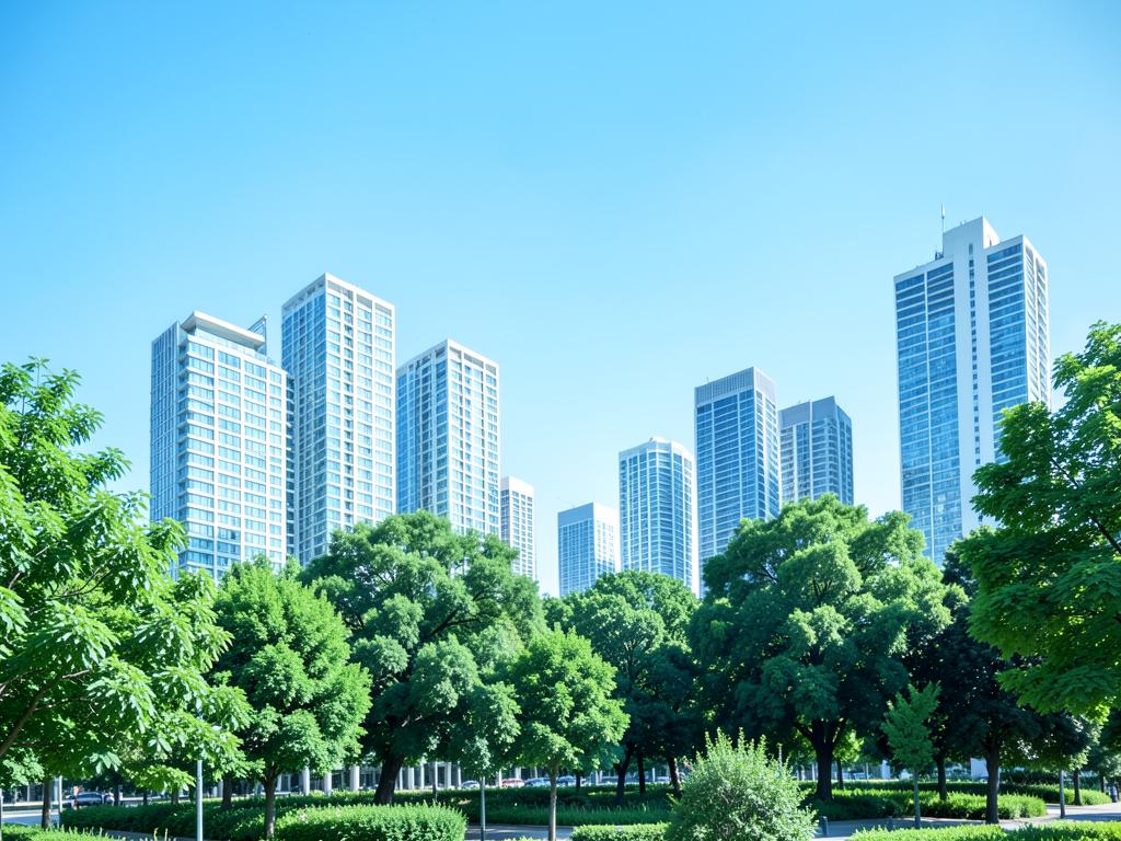 Modern city skyline surrounded by green trees under a blue sky