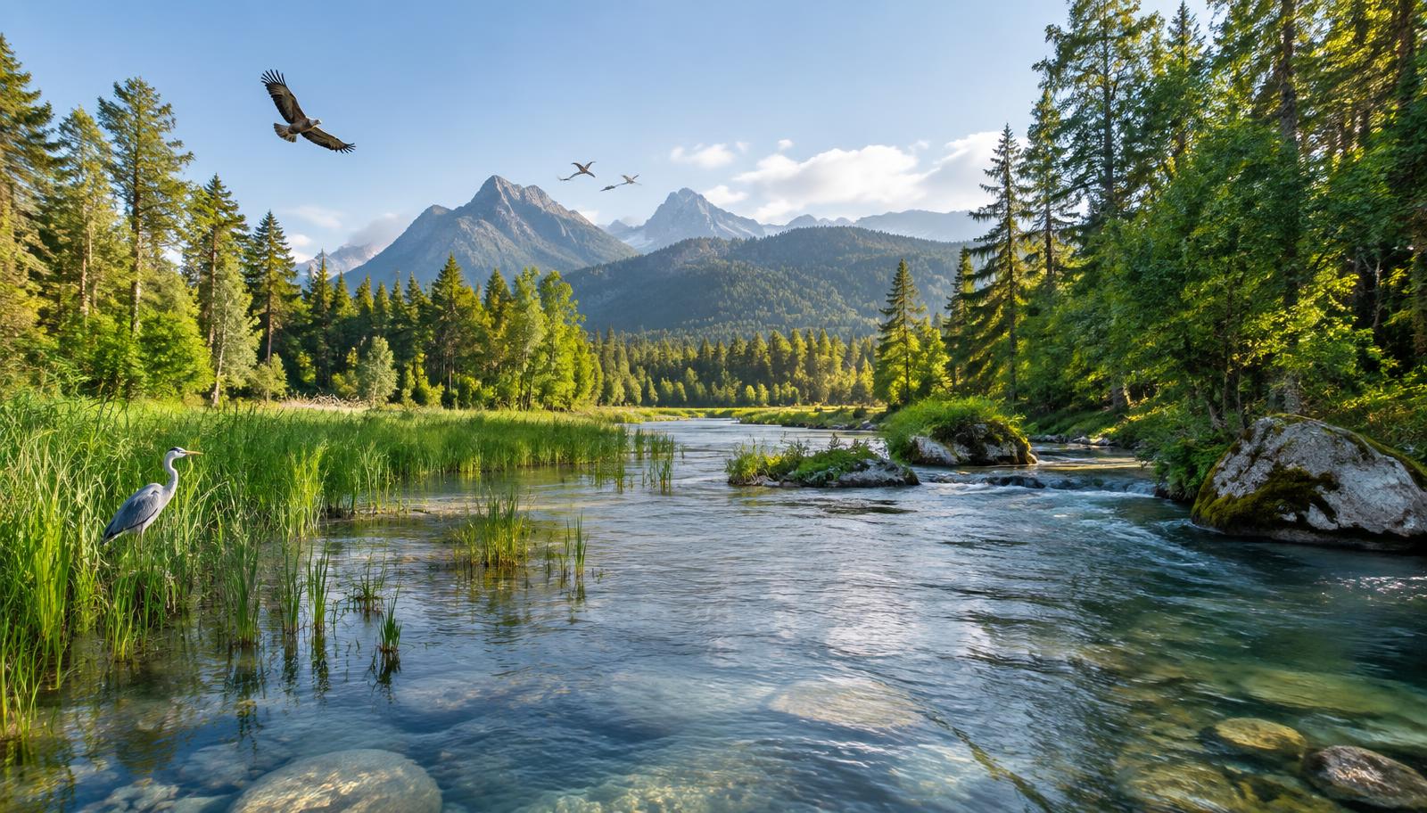 A healthy clear river flowing through a wetland forest