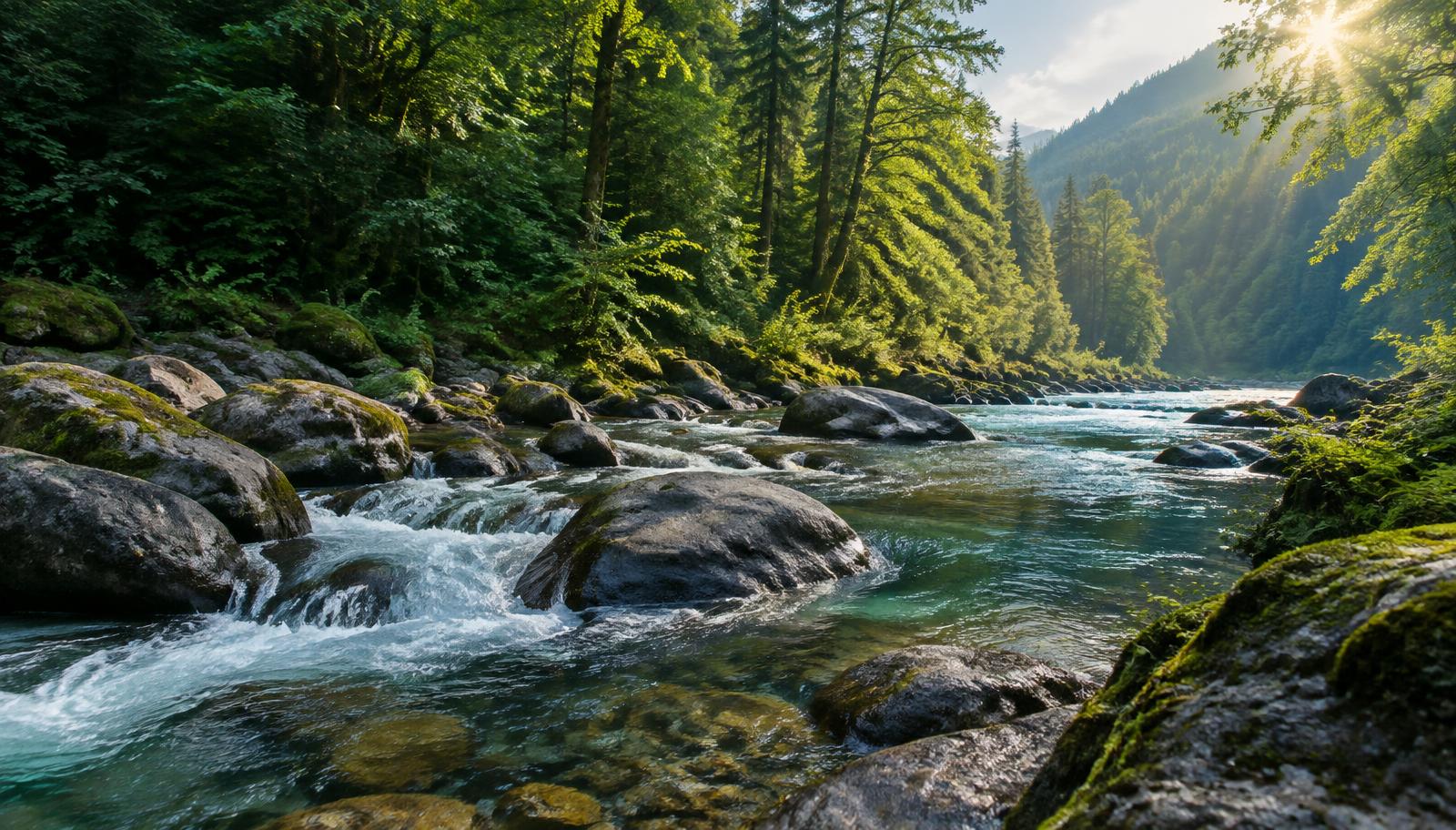 Clean freshwater flowing through a restored green forest